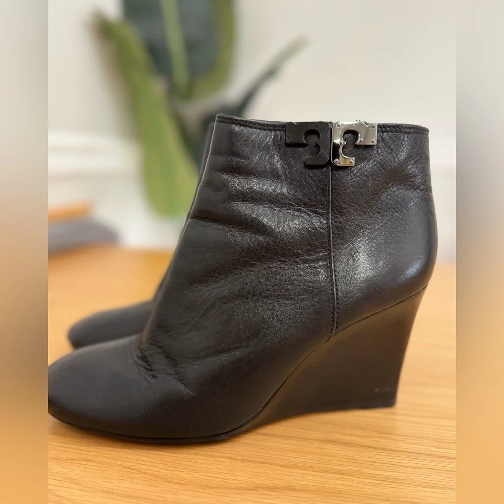 Tory Burch Black Leather Wedge Ankle Boots- Bootie– Size 8M